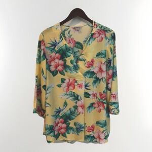 Tommy Bahama Floral Blouse Medium Womens Yellow 100% Viscose Pullover Hawaiian